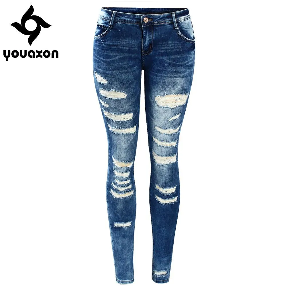 2045 Youaxon Women`s Celebrity Style Fashion Blue Low Rise Skinny Distressed Washed Stretch Denim Jeans For Women Ripped Pants