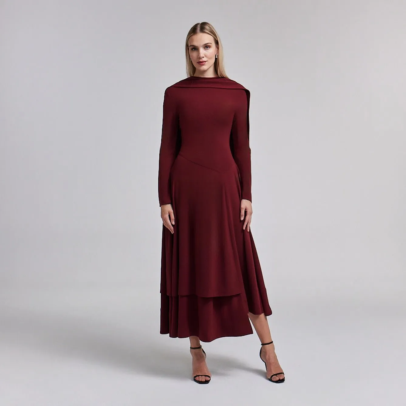 Asymmetric Crepe Tie-Scarf Layer Dress