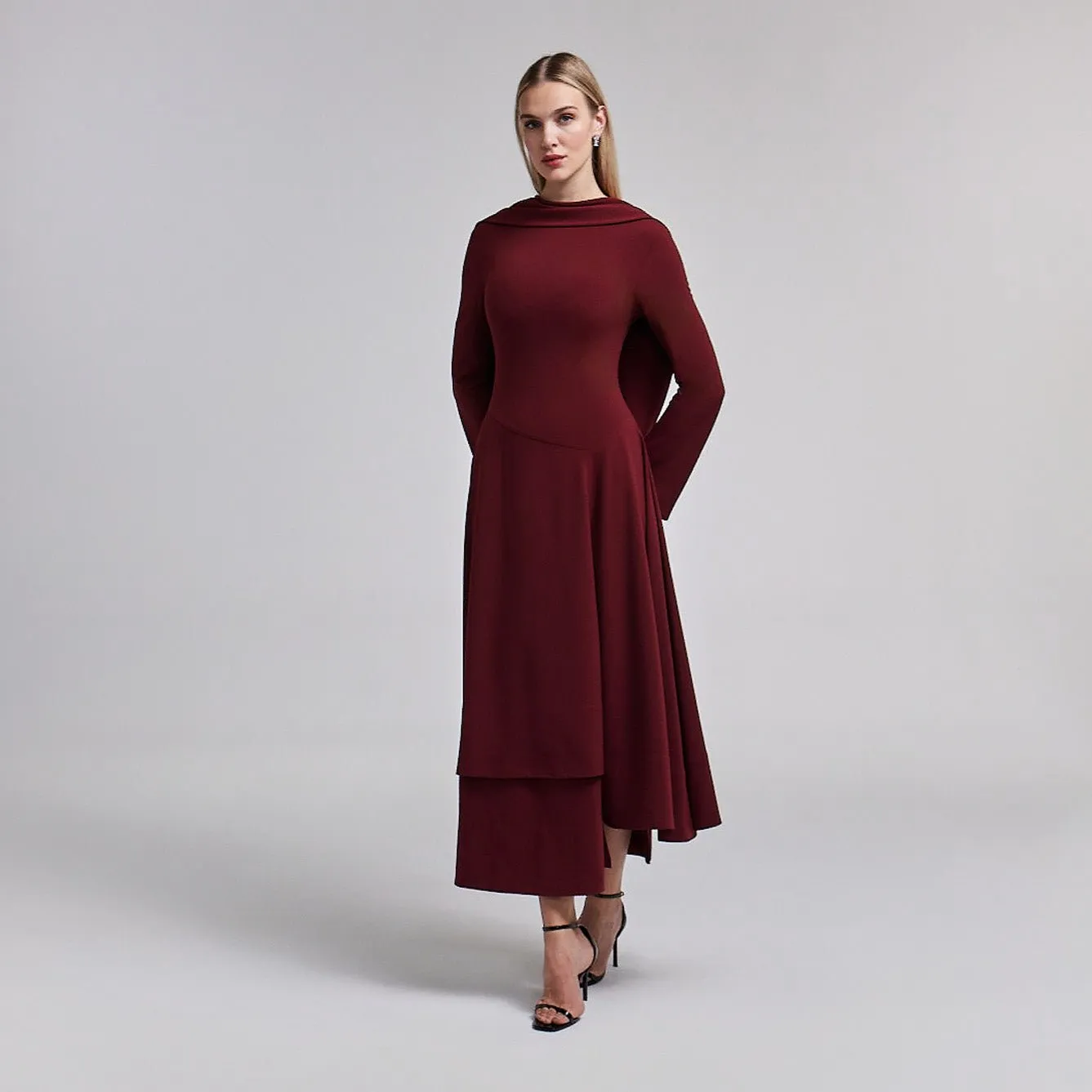 Asymmetric Crepe Tie-Scarf Layer Dress