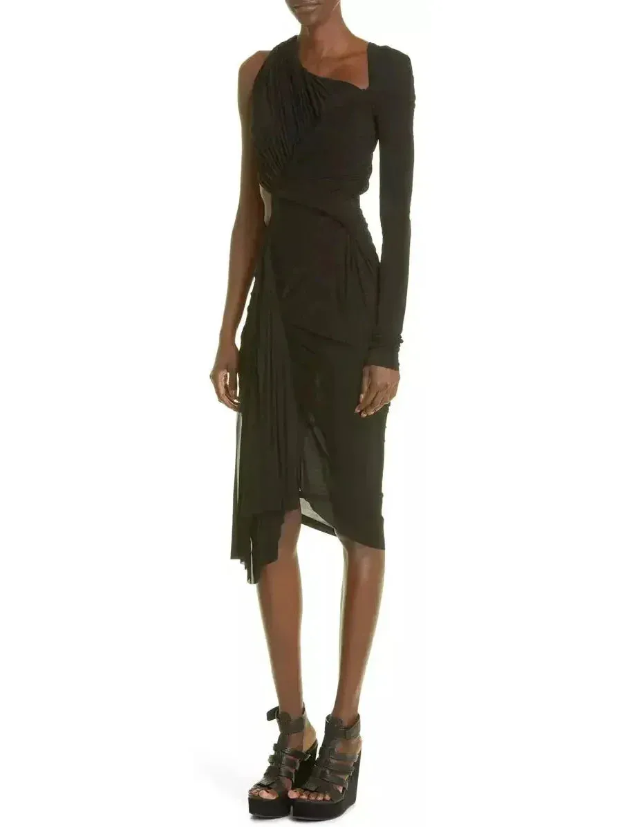 Asymmetric One-Shoulder Ruched Midi-Dress, Black