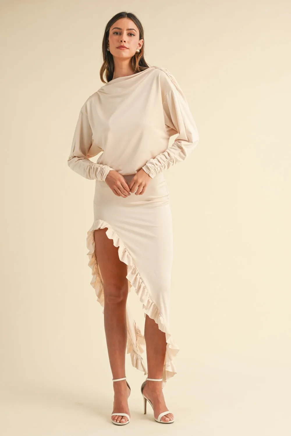 Backless Asymmetric Ruffle Hem Dress Cream