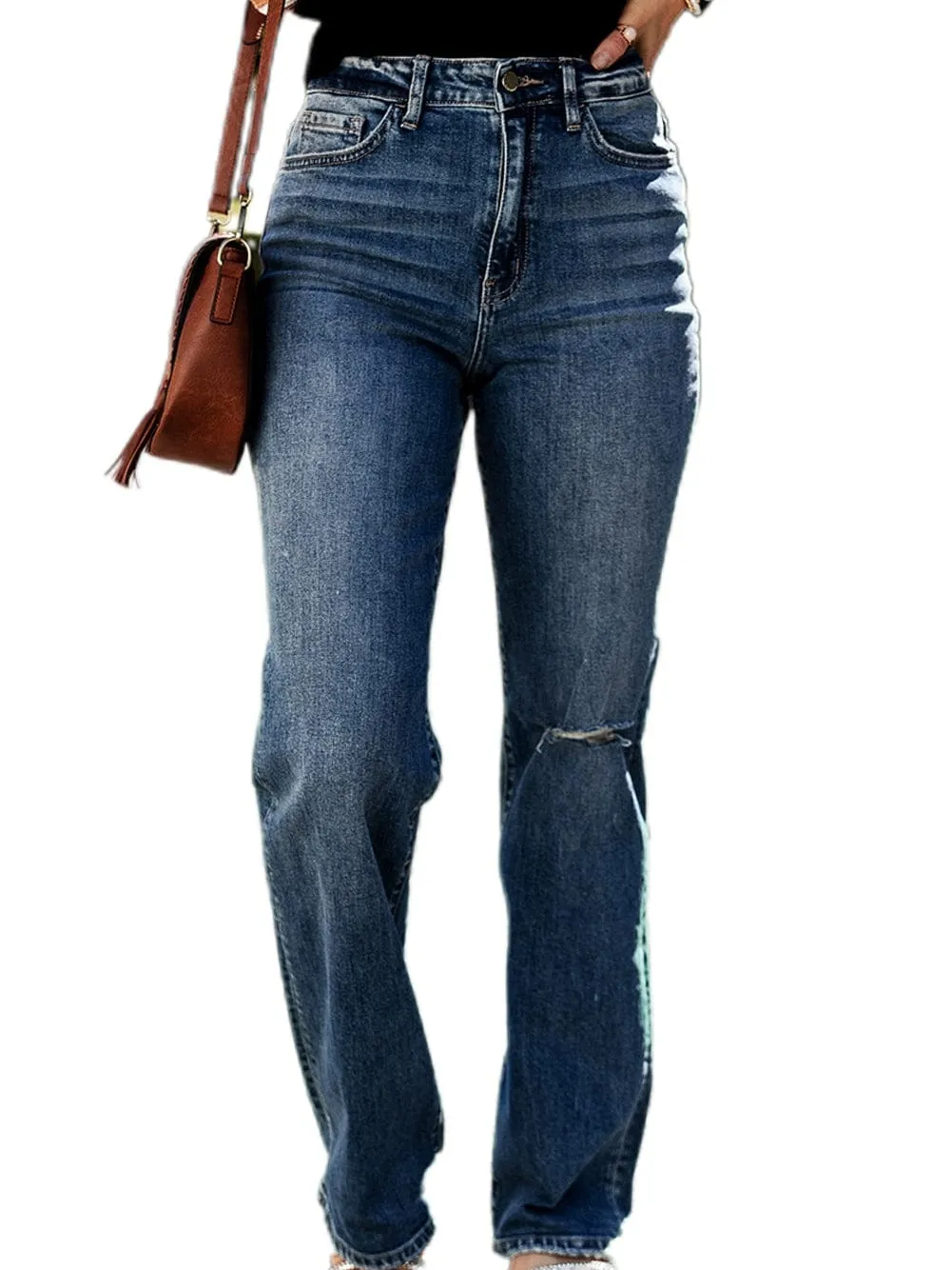 Blue Distressed High-Waisted Straight Leg Jeans