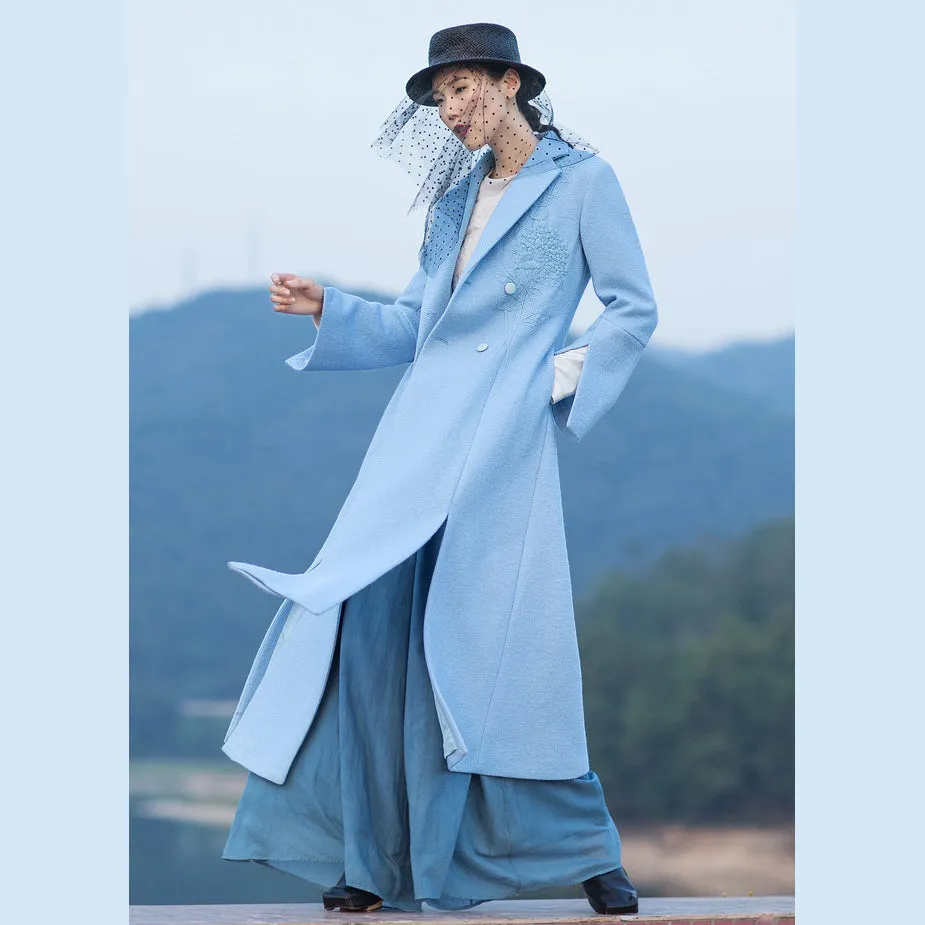 boutique light blue Woolen Coat Women Loose fitting long coat open long sleeve embroidery coats