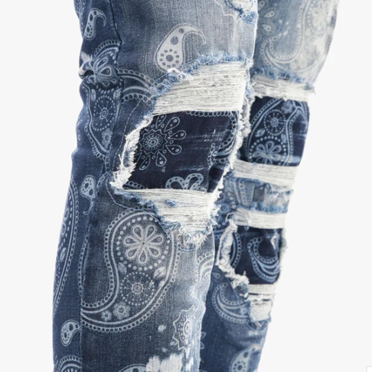 Copper Rivet Ripped Paisley Slim Jean (Dark Blue)