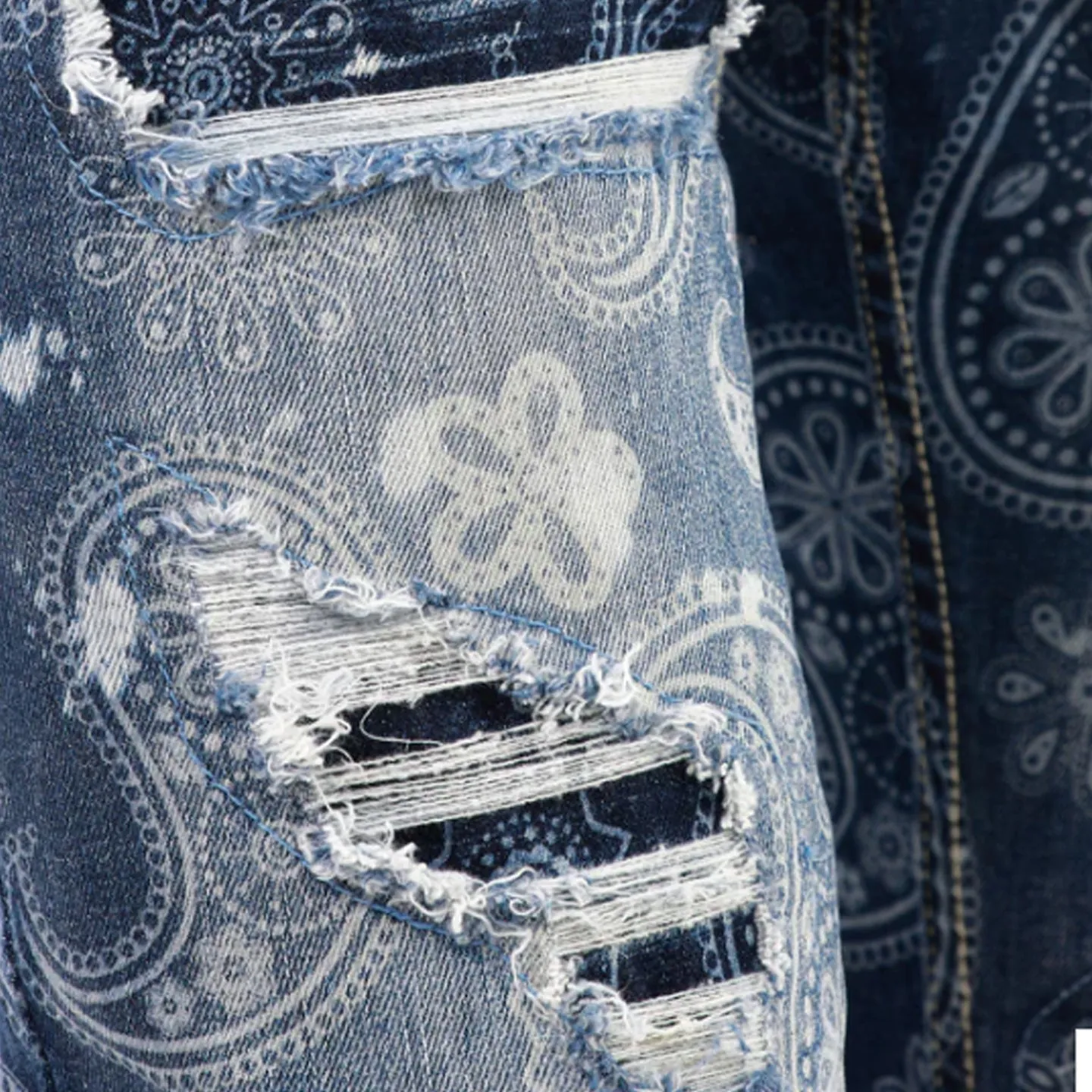 Copper Rivet Ripped Paisley Slim Jean (Dark Blue)