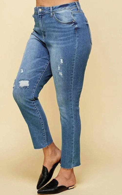 Curvy High Rise Lady Ripped Knee Straight Leg Jeans- Medium