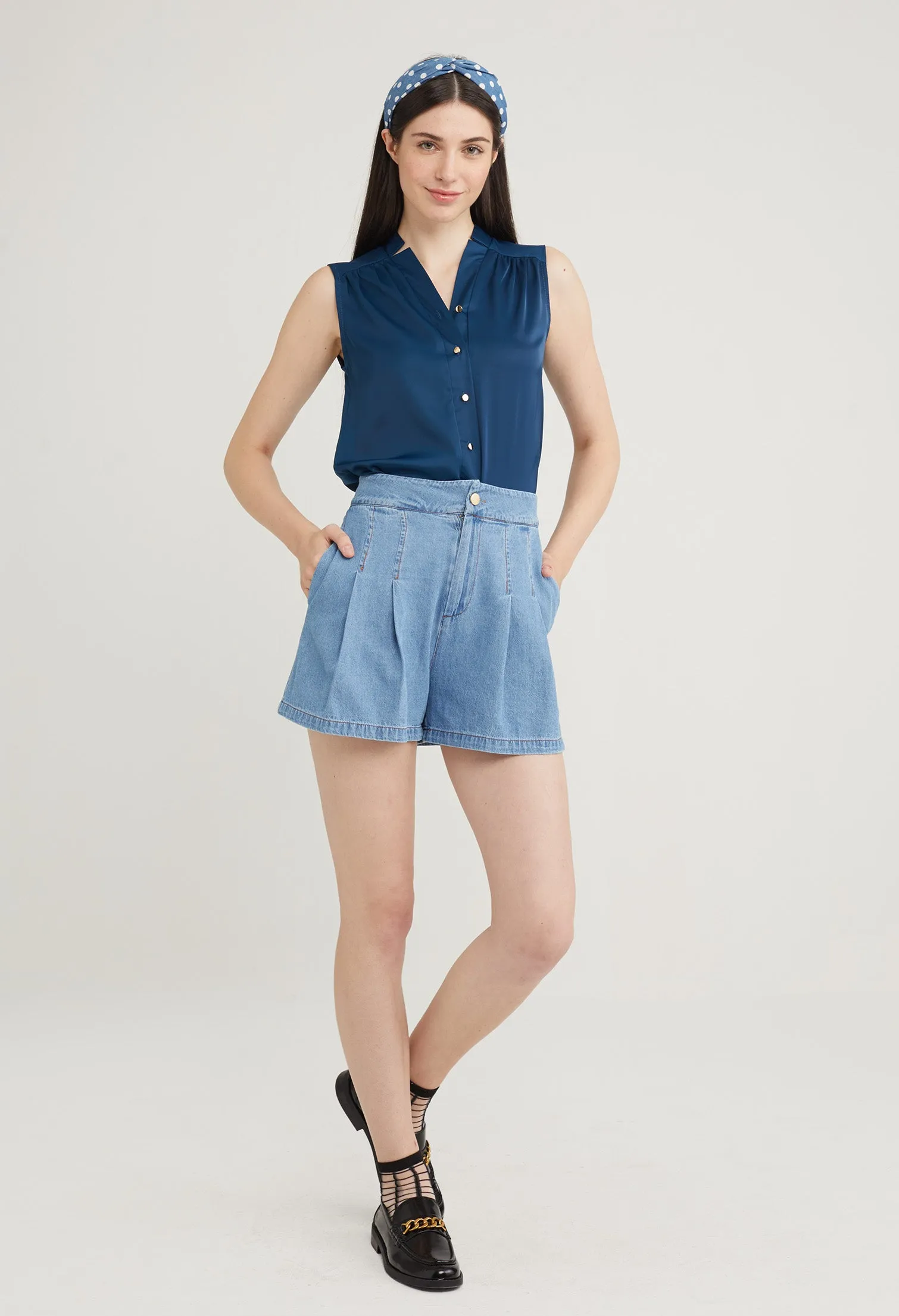 Denim Pleated Shorts