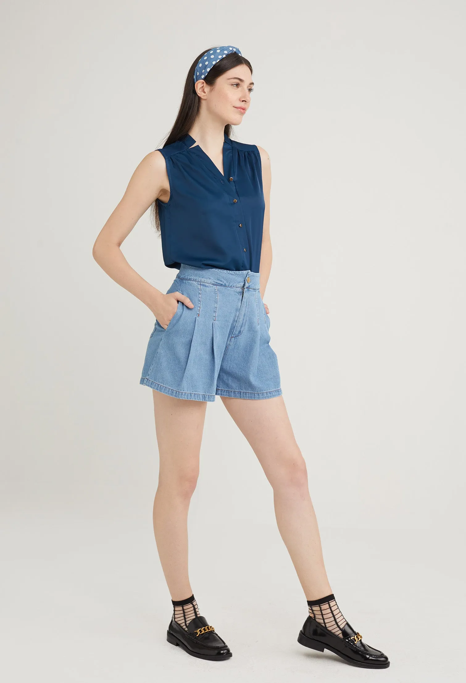 Denim Pleated Shorts