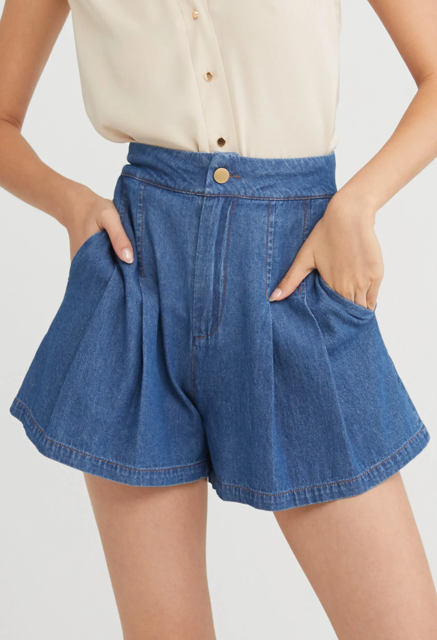 Denim Pleated Shorts