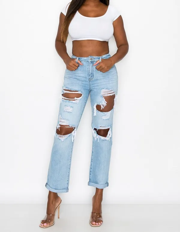 Distressed High Rise Boyfriend Jeans