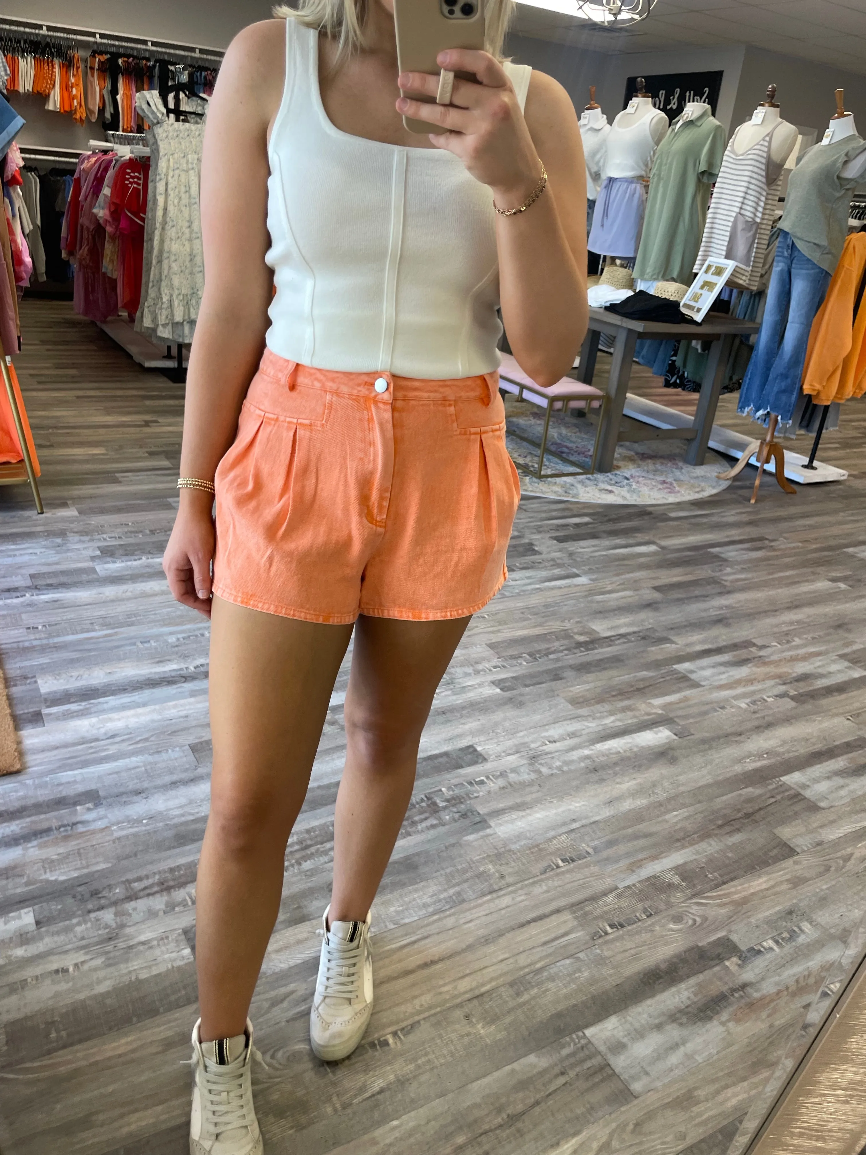 Double Pleat Flare Denim Shorts - Washed Sunkist