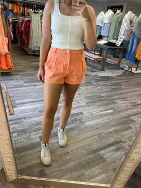 Double Pleat Flare Denim Shorts - Washed Sunkist