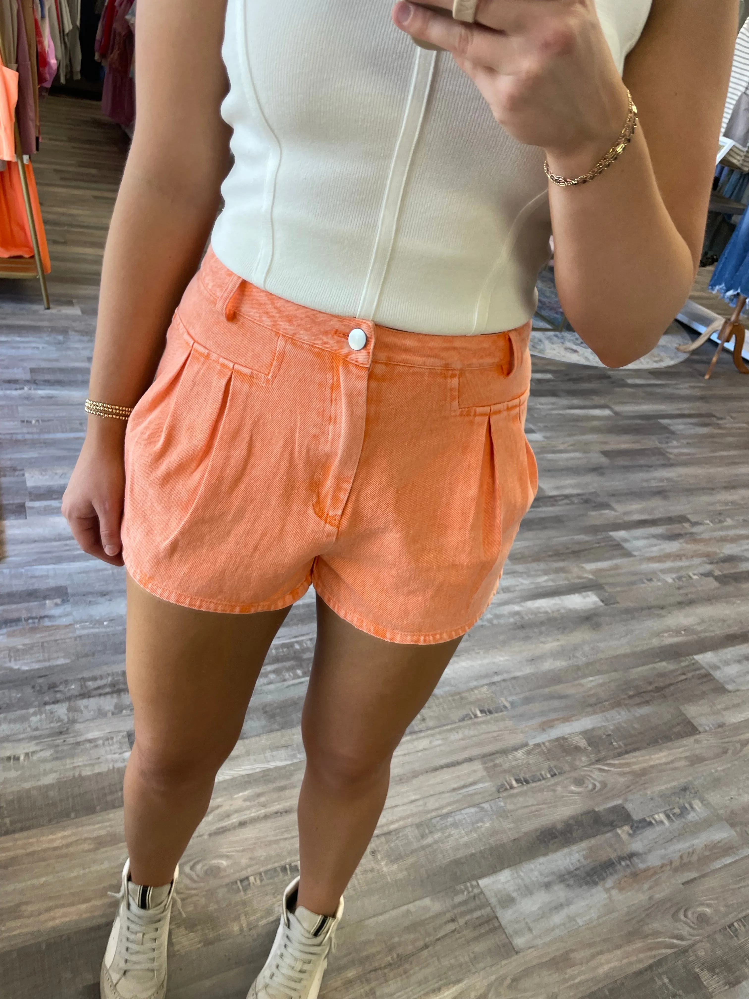 Double Pleat Flare Denim Shorts - Washed Sunkist