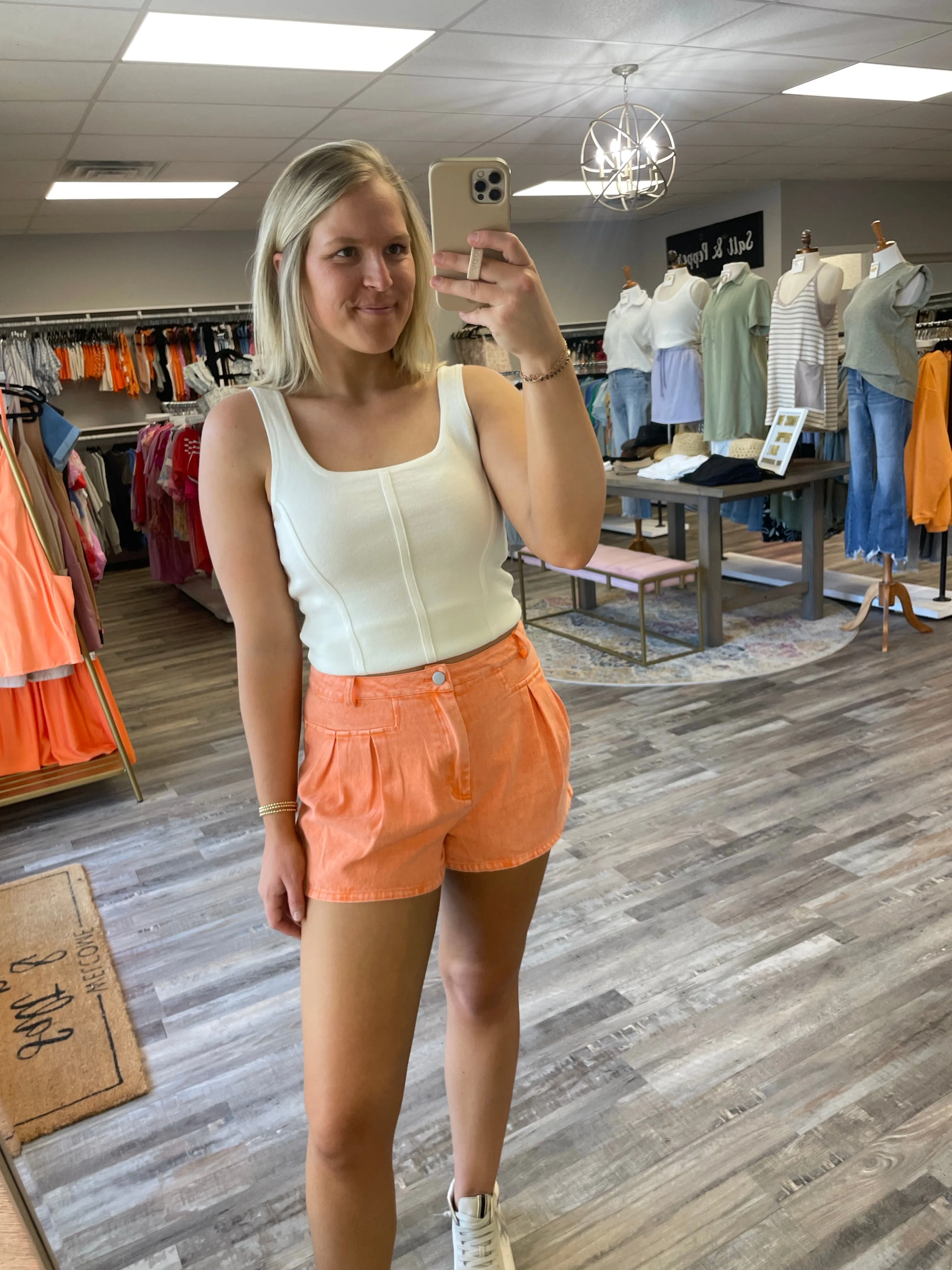 Double Pleat Flare Denim Shorts - Washed Sunkist