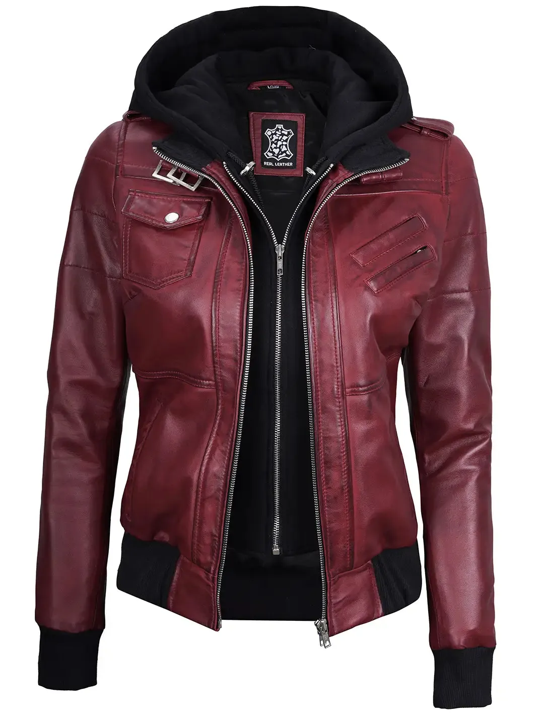 Edinburgh Maroon Leather Bomber Jacket With Hood