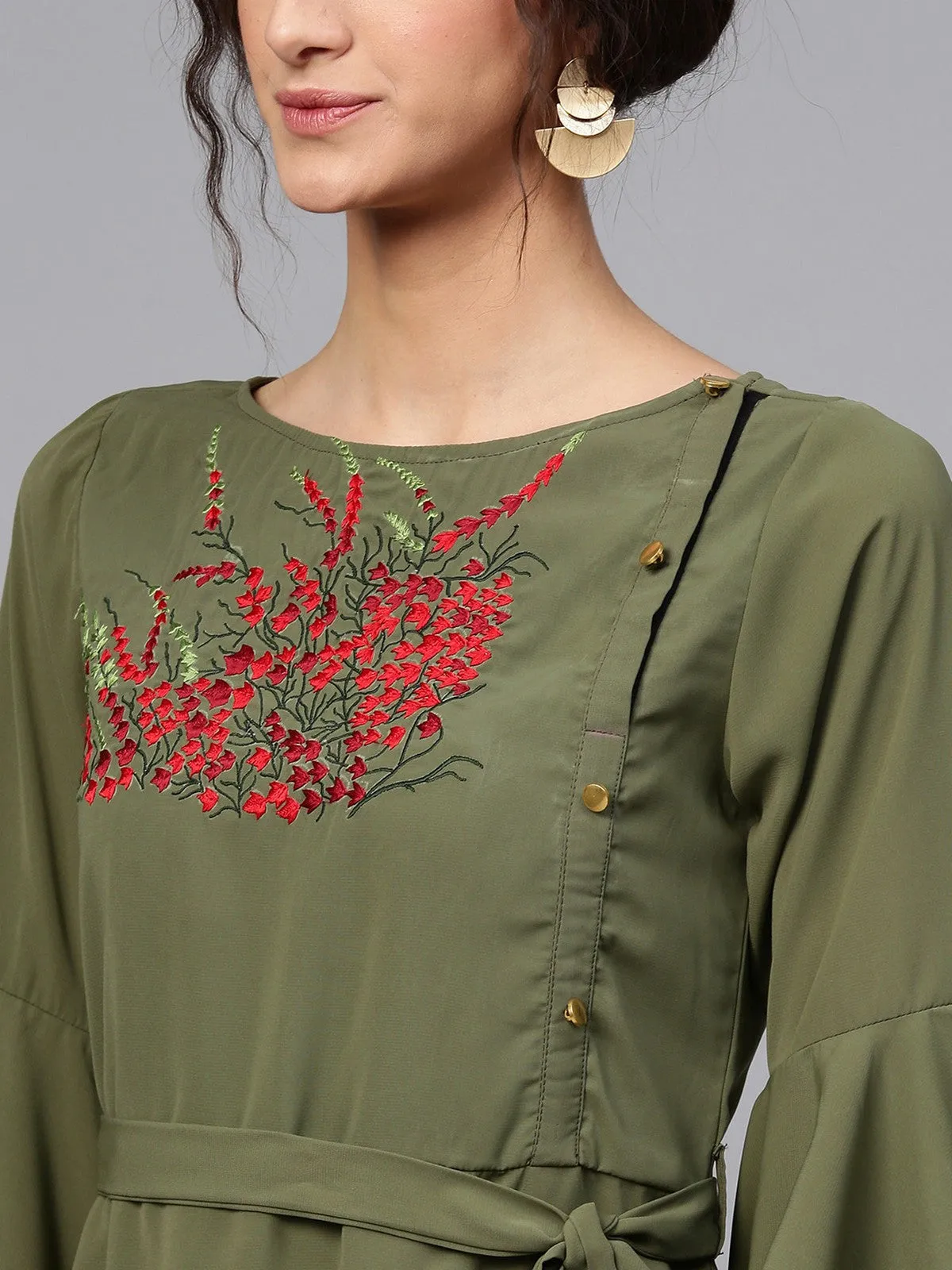 Embroidered Dress With Flare Sleeves