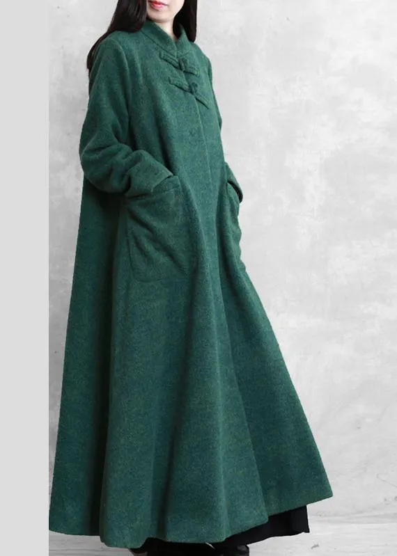 Fine plus size Coats coat green stand collar pockets woolen coats