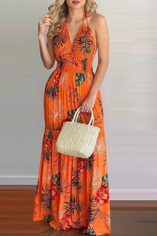 Floral Print Backless Slip Maxi Dress