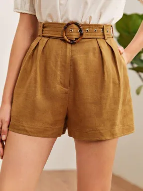 Fold Pleated Front Buckle Belted Shorts