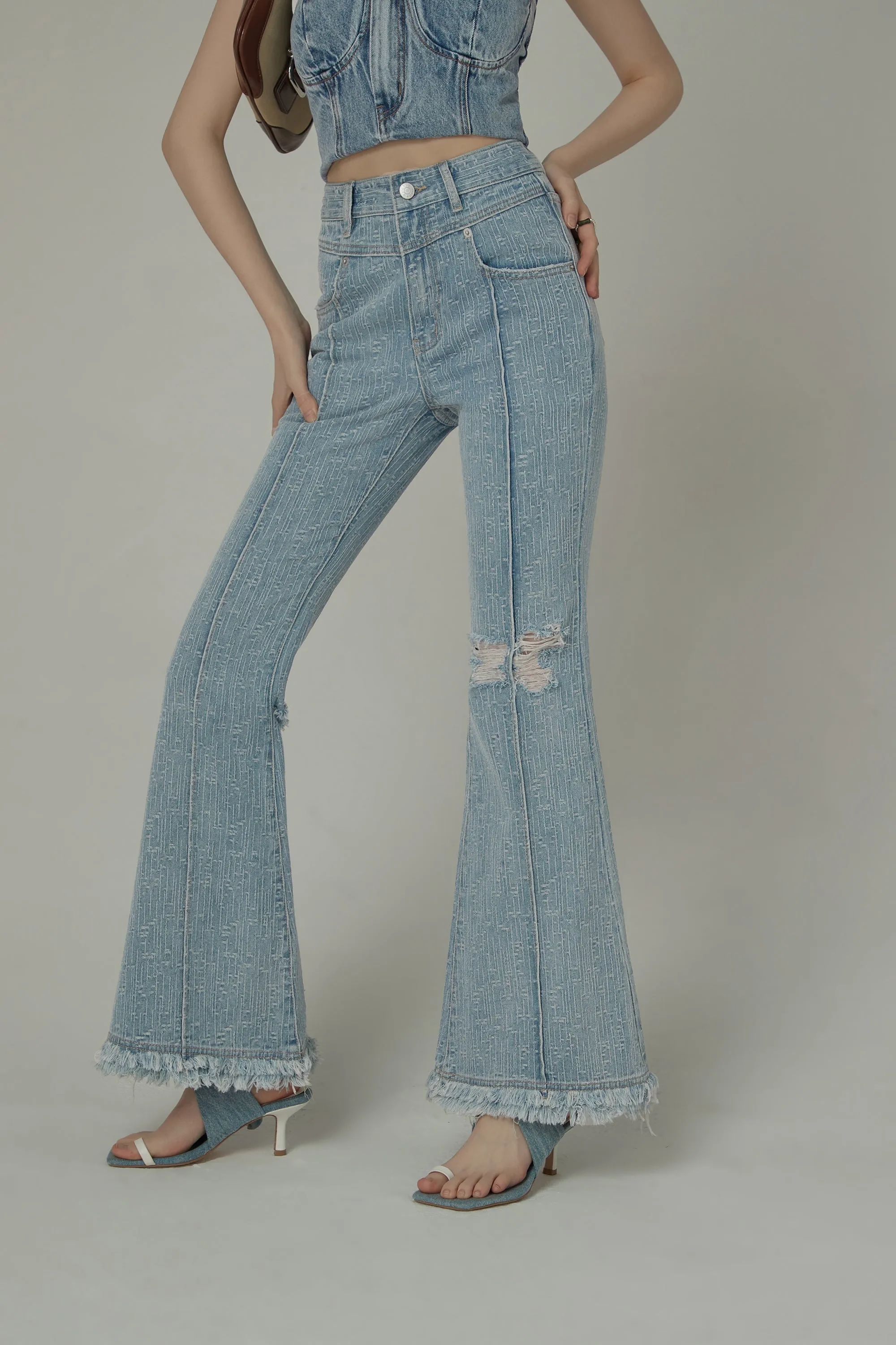 Fringed Ripped Bootcut Denim Jeans