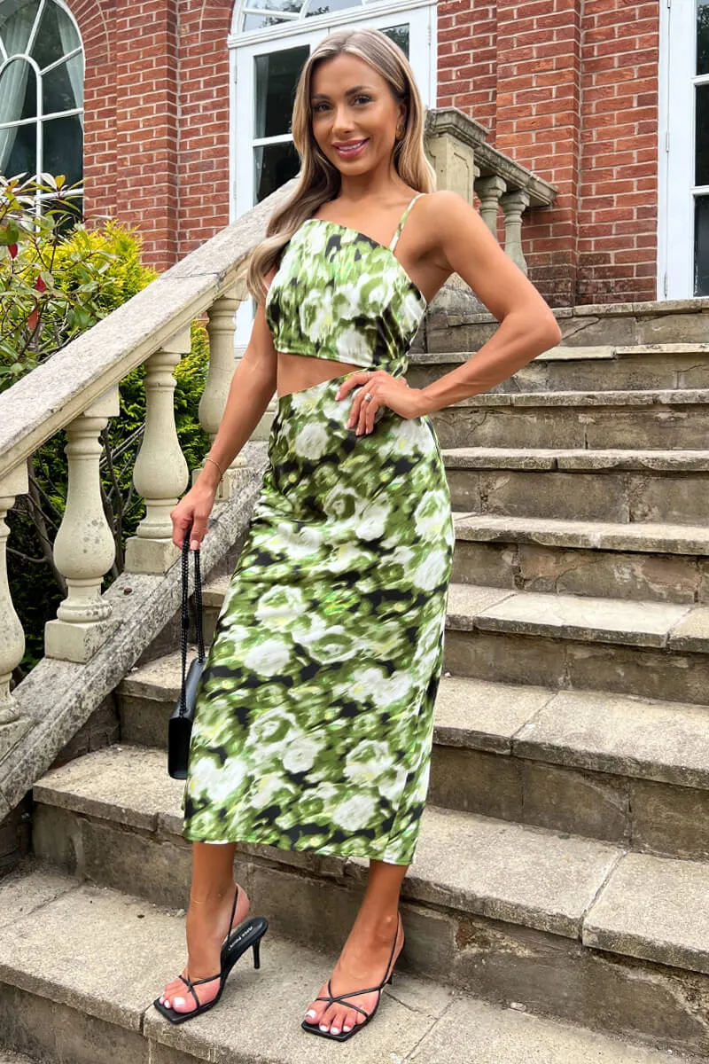 Green Printed Asymmetric Cut Out Midi Dress