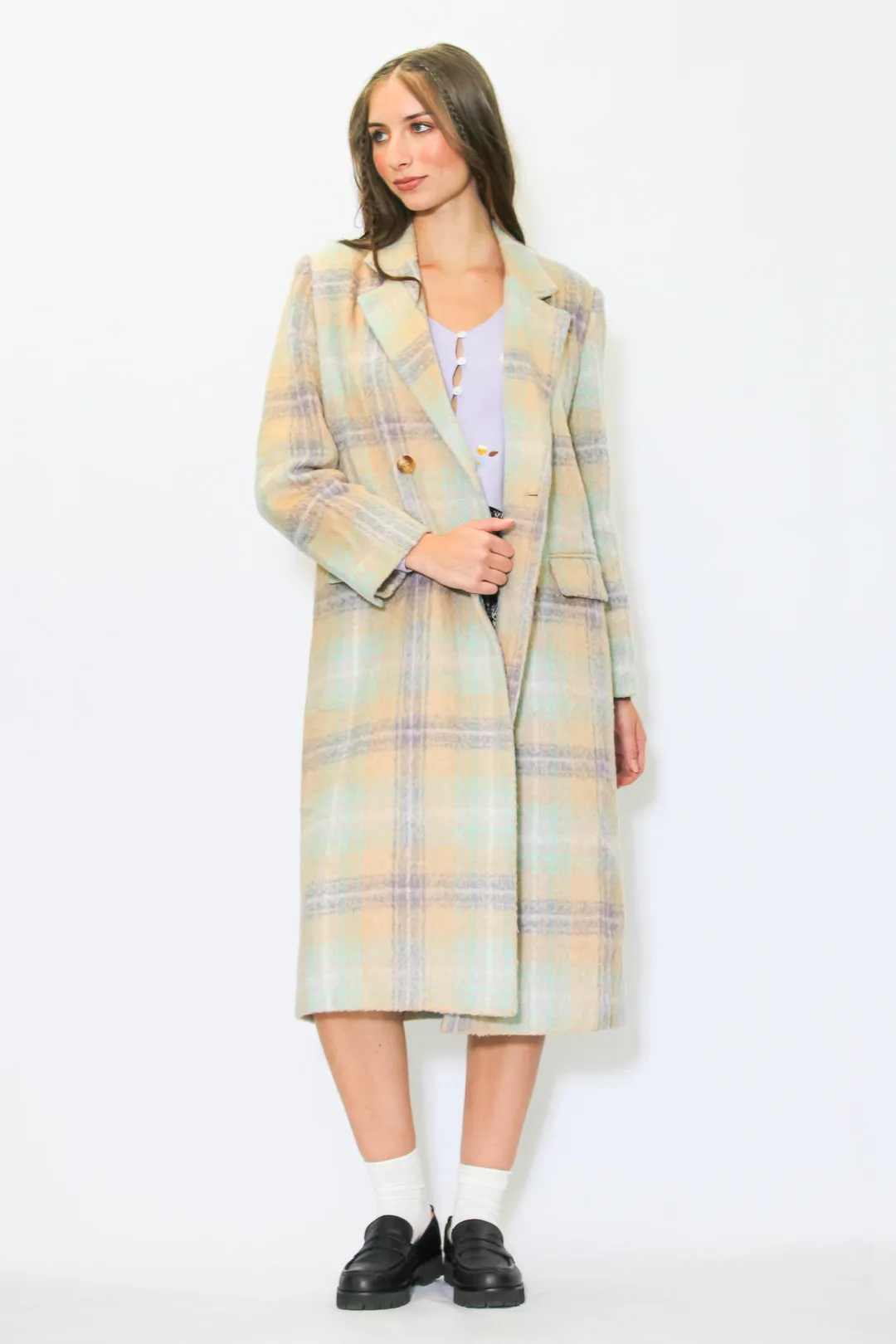 Heavy Wool Cream Plaid Coat