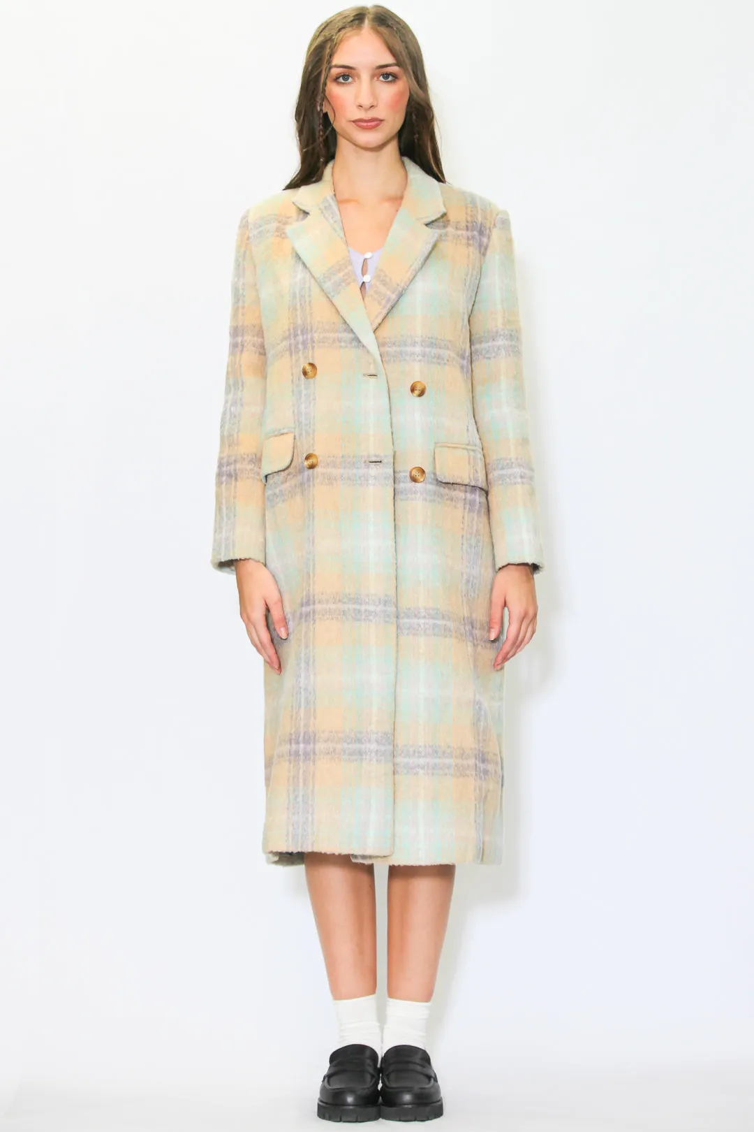 Heavy Wool Cream Plaid Coat