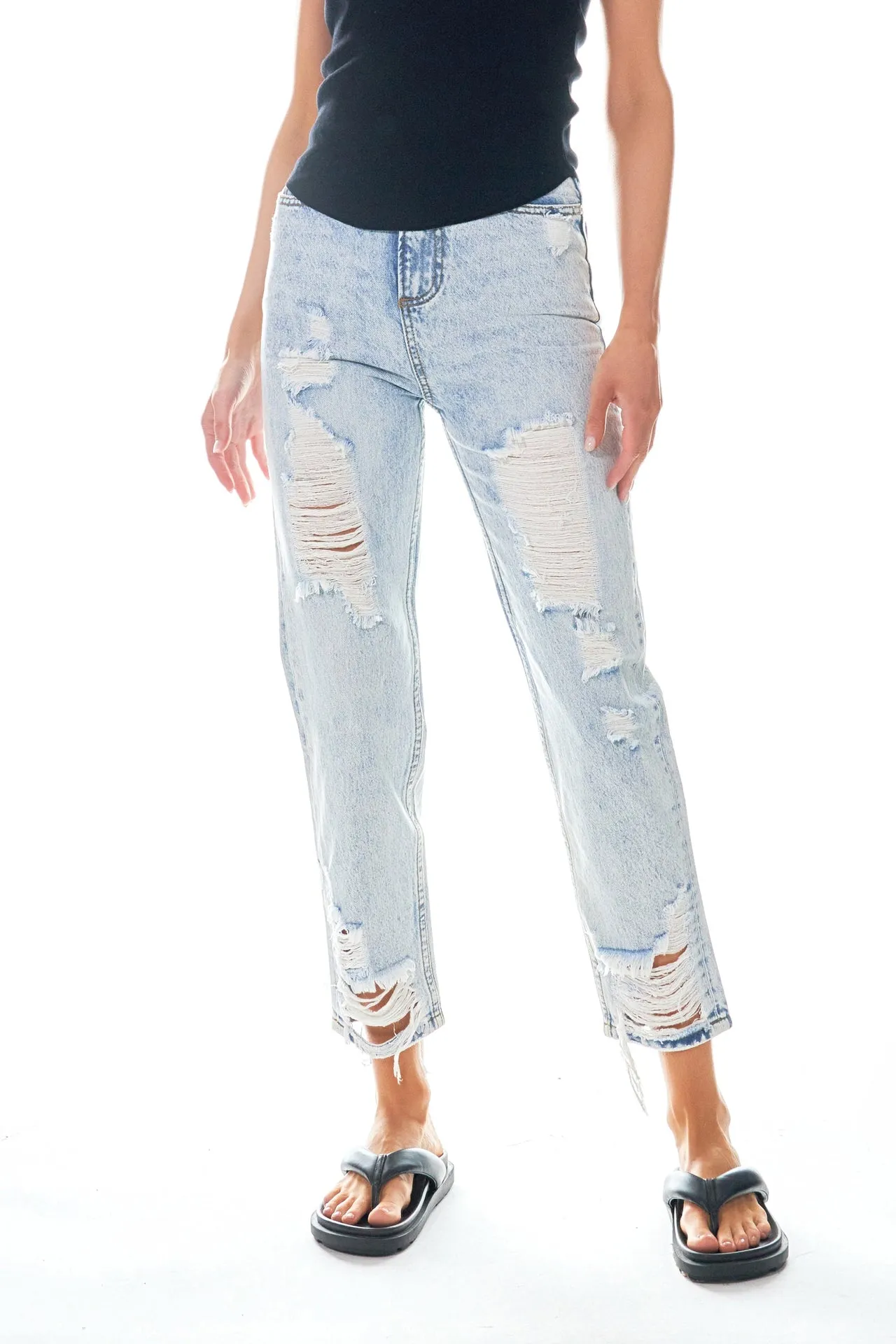 High-Waisted Distressed Straight Leg Jeans