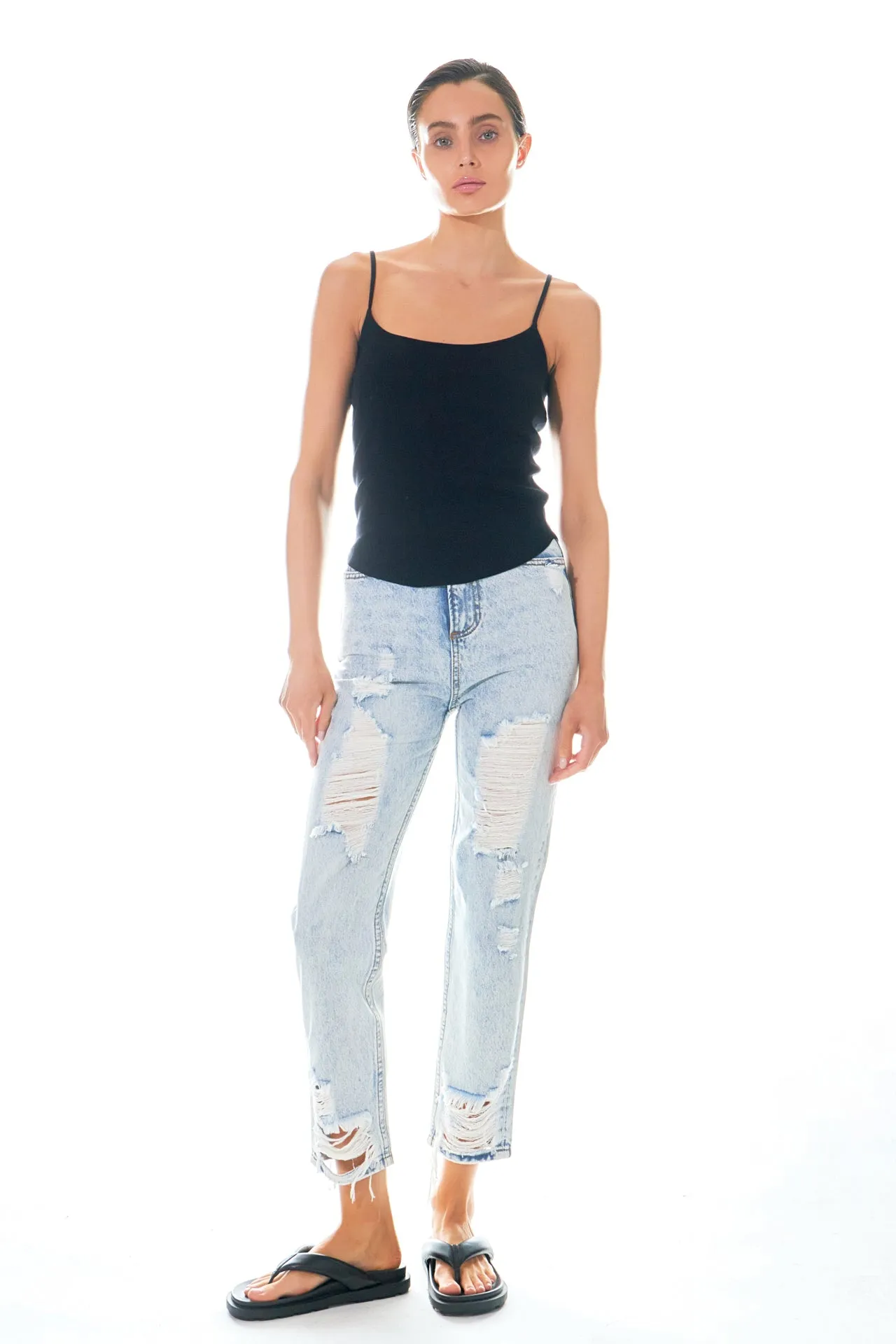 High-Waisted Distressed Straight Leg Jeans