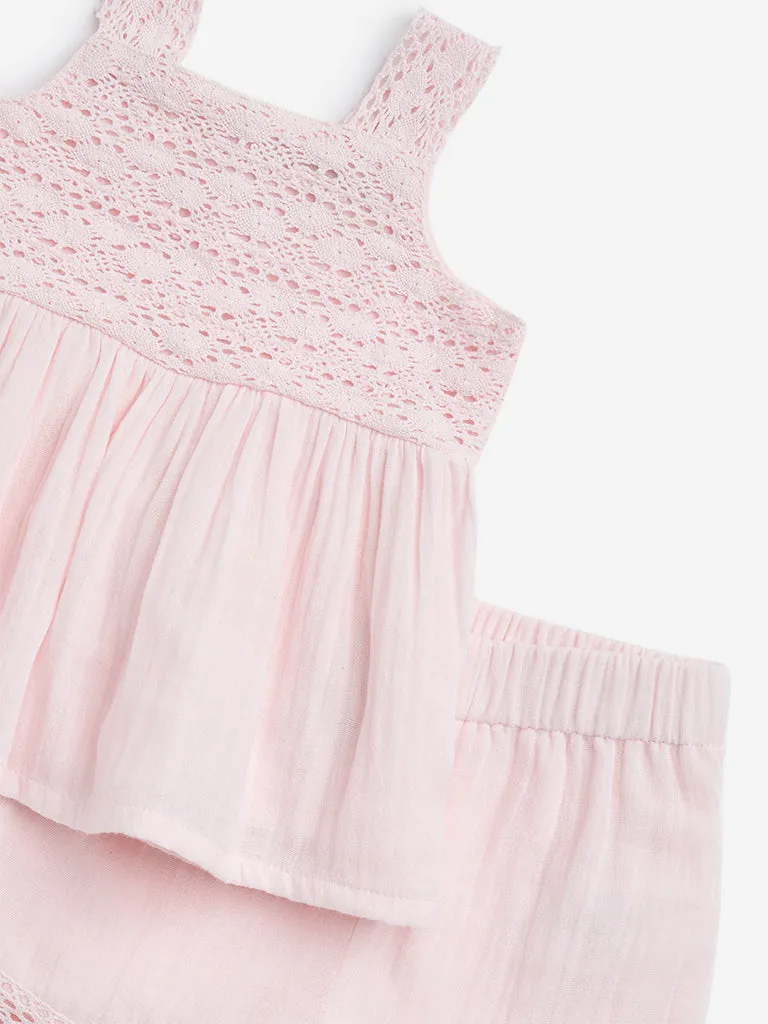 HOP Baby Pink Crochet-Detailed Cotton Top and Shorts Set