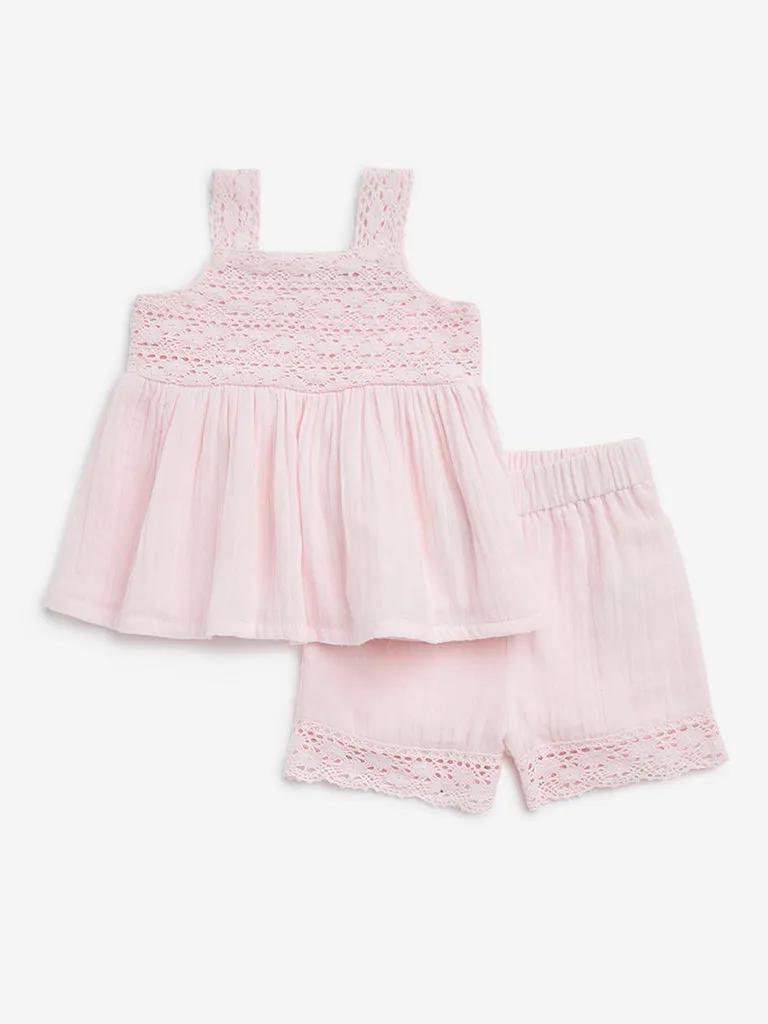 HOP Baby Pink Crochet-Detailed Cotton Top and Shorts Set