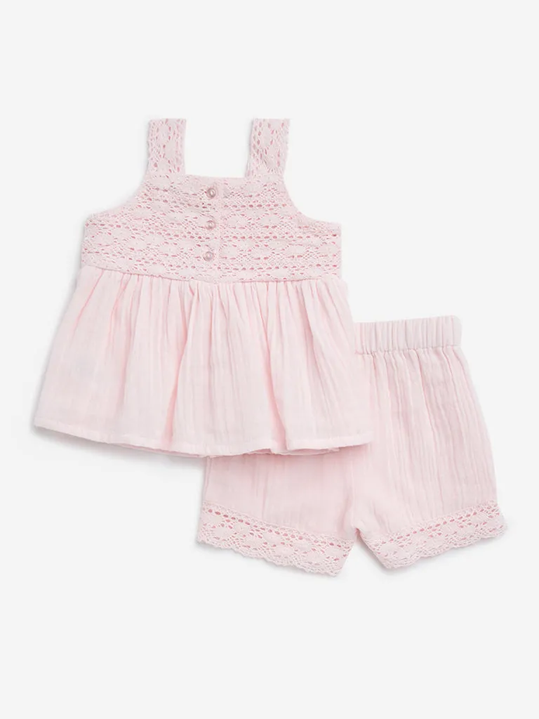 HOP Baby Pink Crochet-Detailed Cotton Top and Shorts Set