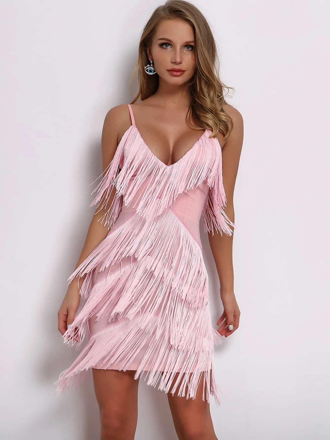 Joyfunear Layered Fringe Trim Bodycon Slip Dress