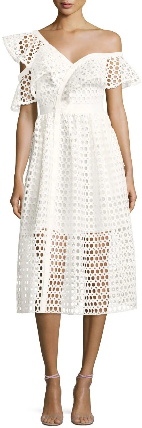 Lace Frill Asymmetric Cold-Shoulder Midi Dress, White