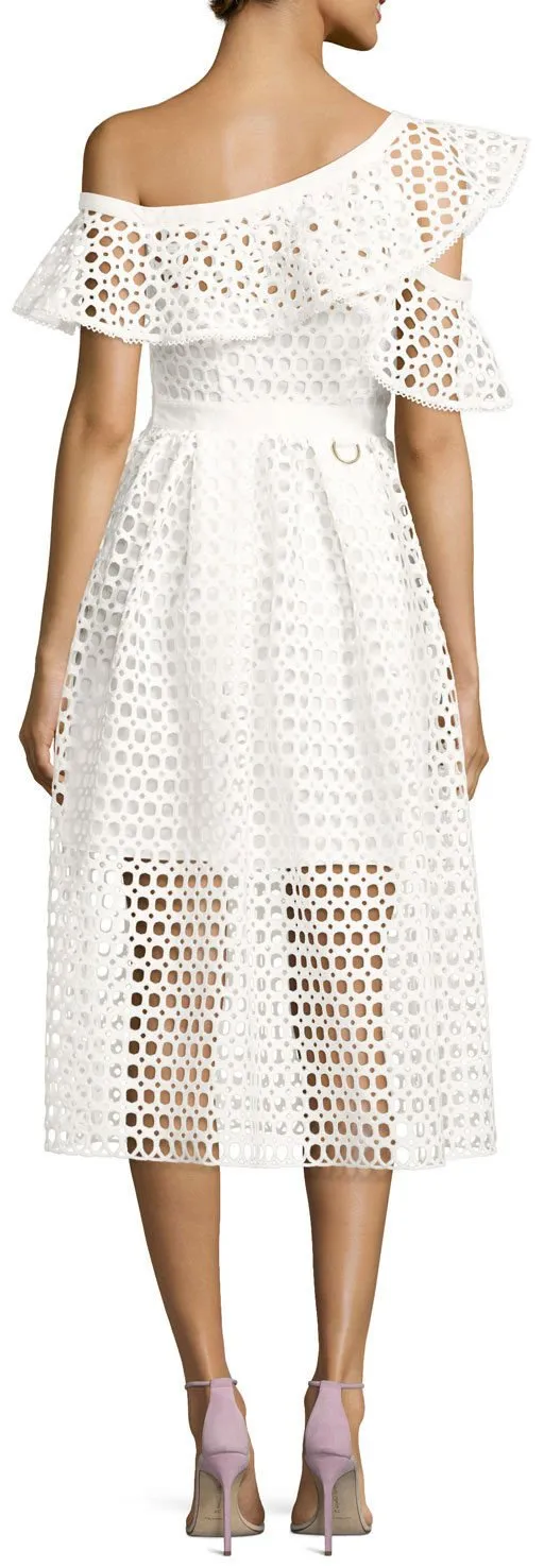 Lace Frill Asymmetric Cold-Shoulder Midi Dress, White