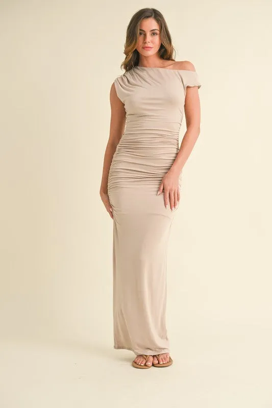 Lt Taupe Asymmetric Off Shoulder Ruched Maxi Dress