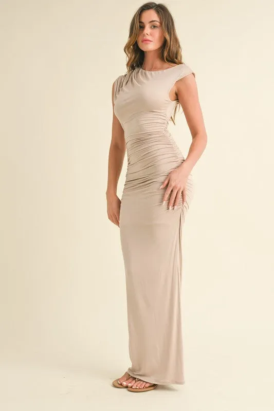 Lt Taupe Asymmetric Off Shoulder Ruched Maxi Dress