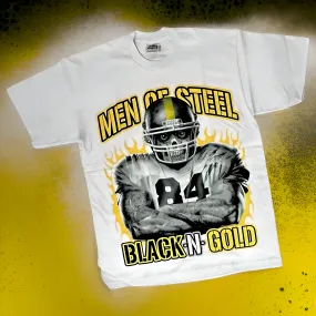 *<SC>* (WHITE) ~MEN OF STEEL BLACK & GOLD~ HEAVY COTTON JUMBO PRINT TEES