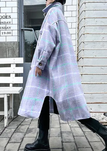 Luxury light blue plaid wool coat winter lapel asymmetric coats