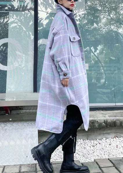 Luxury light blue plaid wool coat winter lapel asymmetric coats