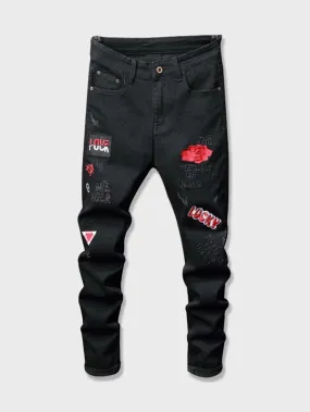 Men Letter Embroidery Ripped Jeans