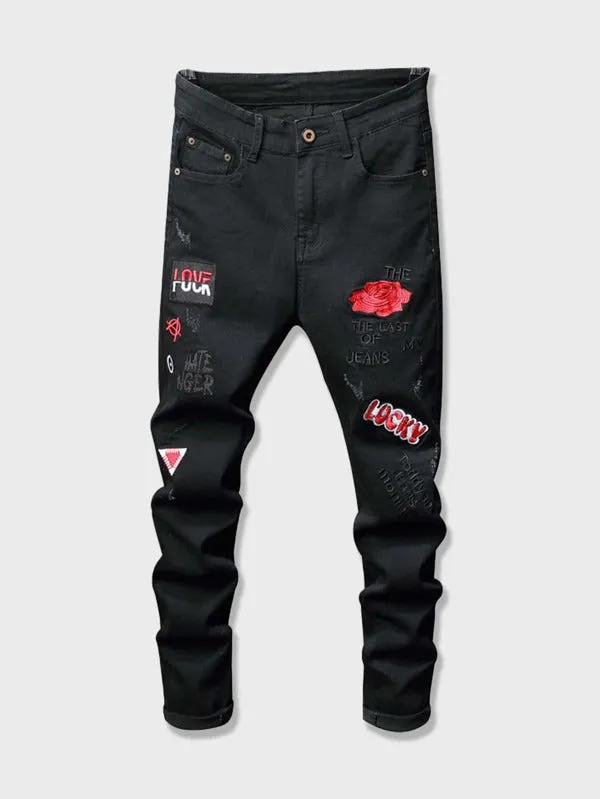 Men Letter Embroidery Ripped Jeans