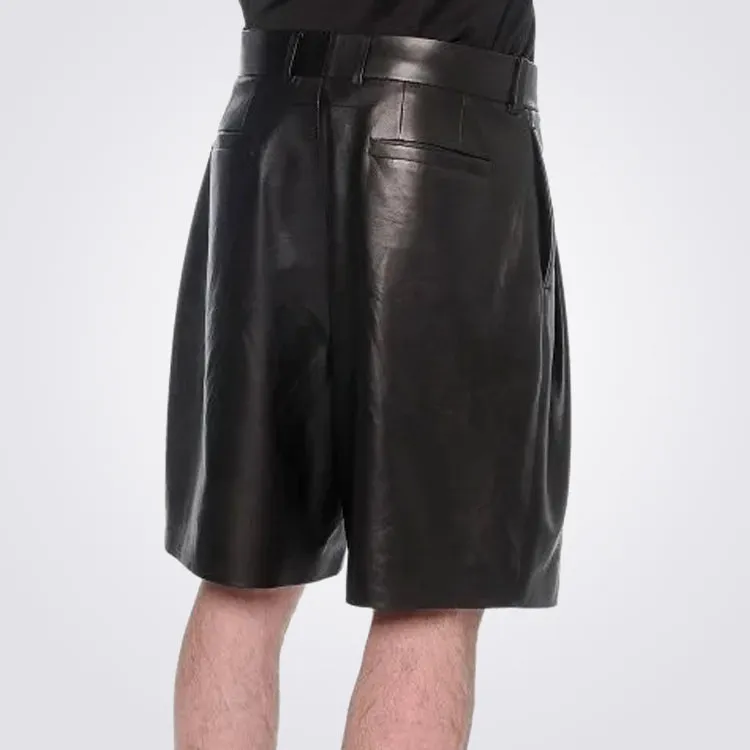 Men's Black Leather Pleated Shorts