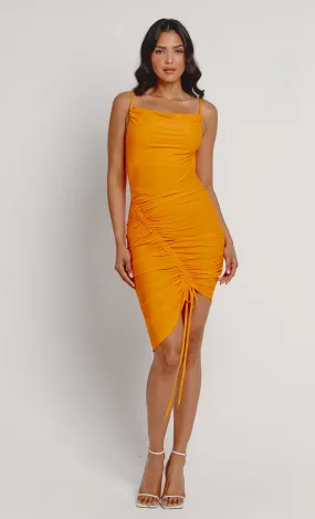 Orange Asymmetric Ruched Slinky Dress