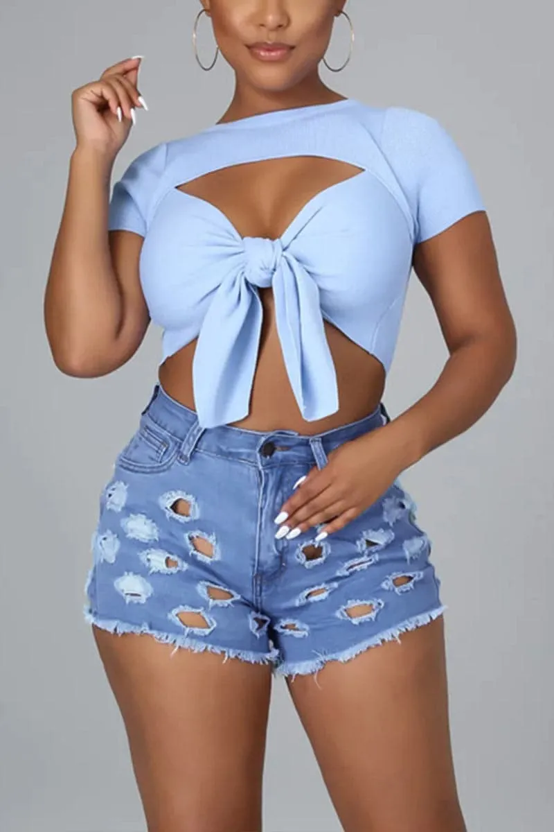 PB183 Ripped Cutout Denim Shorts