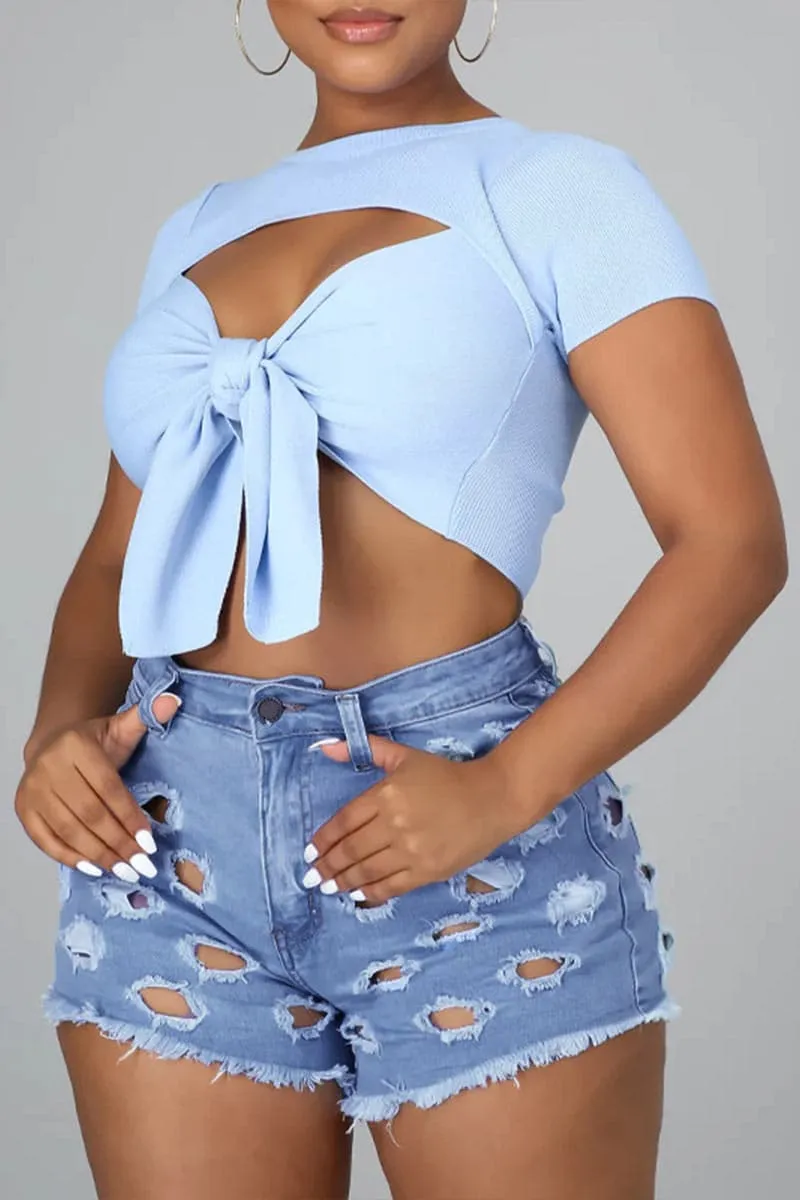 PB183 Ripped Cutout Denim Shorts