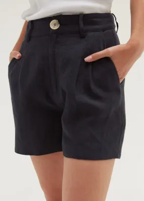 Pleated Navy Shorts