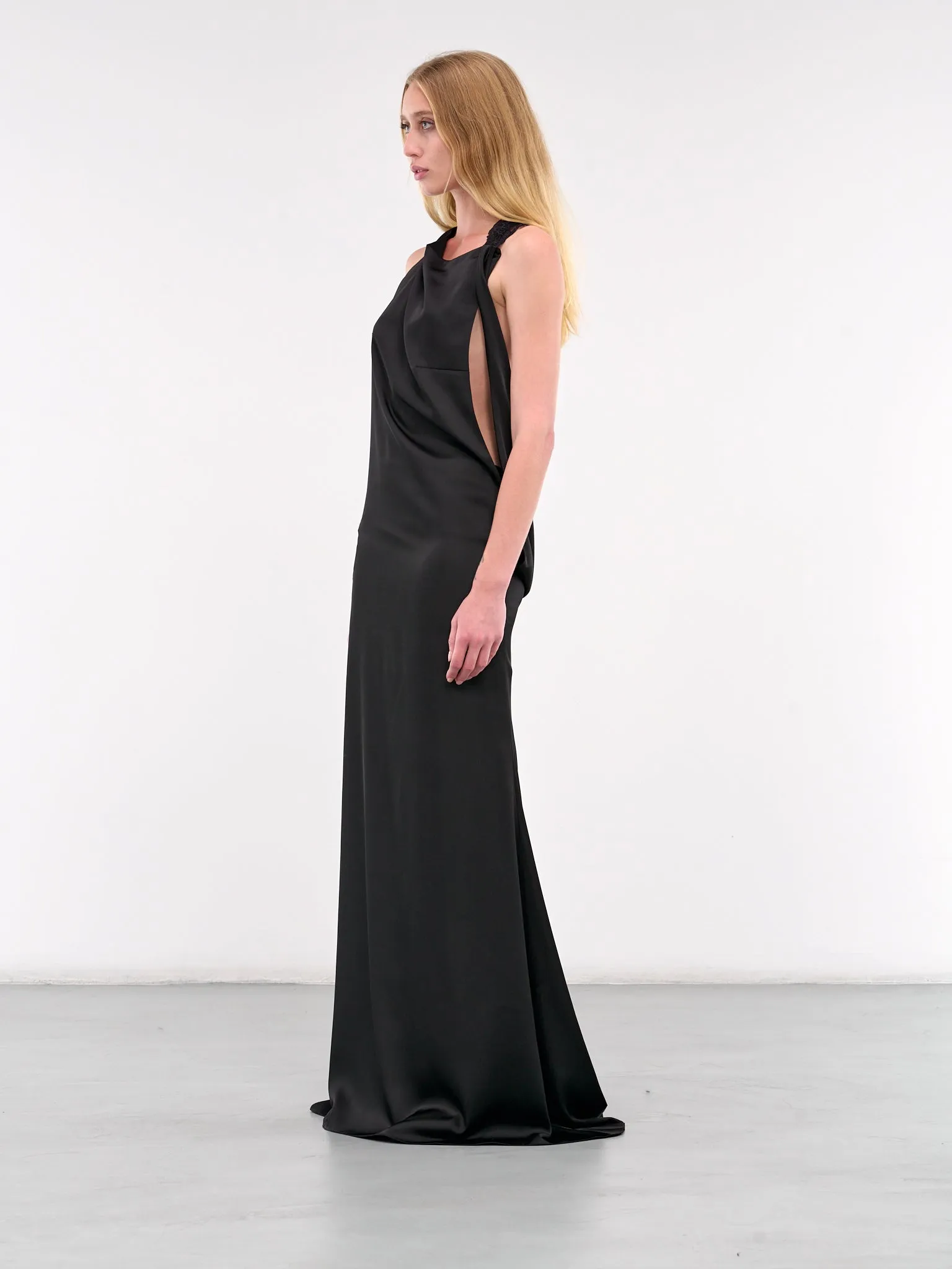 Plunged Back Satin Maxi Dress (DR074D-BLACK)