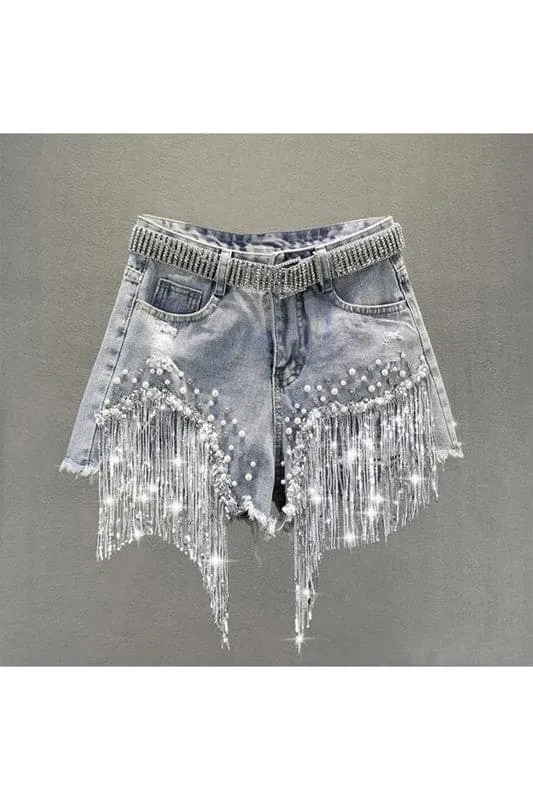 PN377 Rhinestone Pearl Denim Shorts