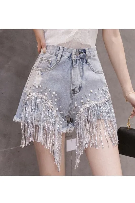 PN377 Rhinestone Pearl Denim Shorts